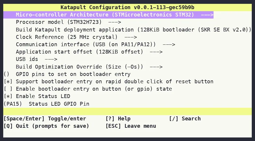 Katapult menuconfig screen showing the Ouroboros configuration